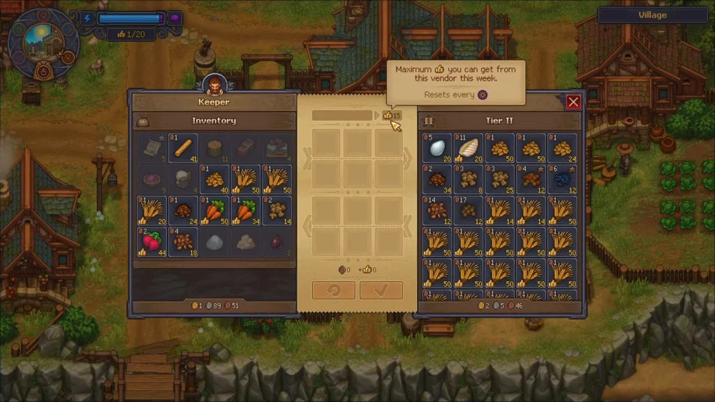 Vendor trade menu with thumbs up items that give Town Gratitude in Graveyard Keeper 2