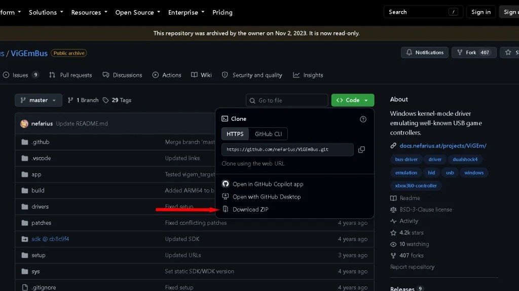 github download link for ViGEmBus