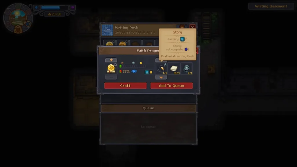Writing a Faith Prayer at the Writing Desk in Graveyard Keeper 2