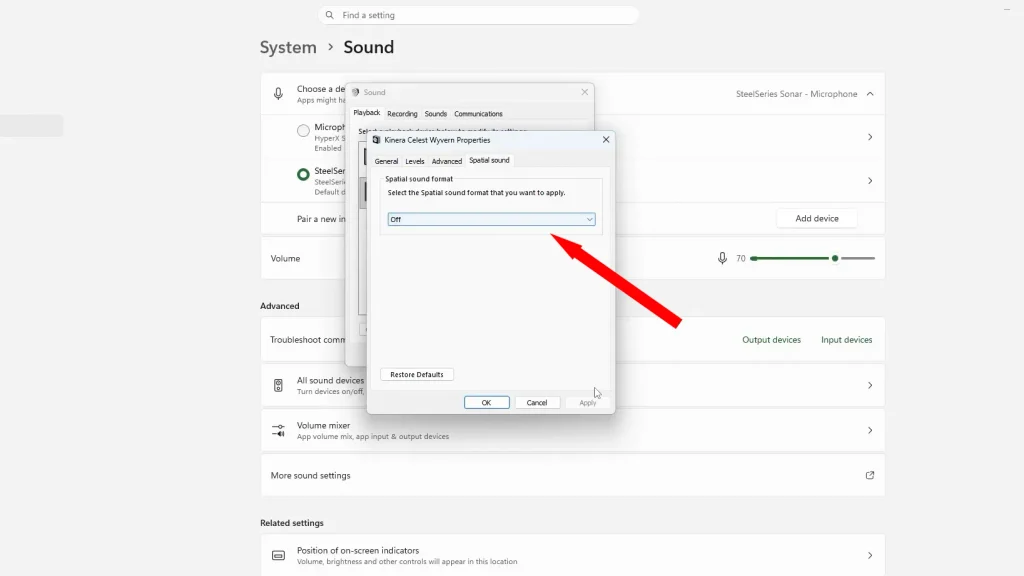 Arrow points to what option you should choose in sound settings, turn spatial sound off before you play Control Resonant