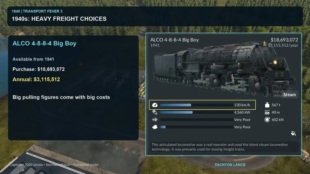 ALCO 4 8 8 4 Big Boy stats in Transport Fever 3 with 602 kN pulling force