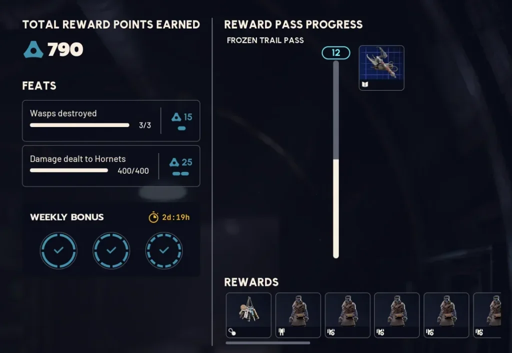 ARC Raiders post-raid results screen showing 790 Reward Points and Frozen Trail Reward Pass progress reaching level 12