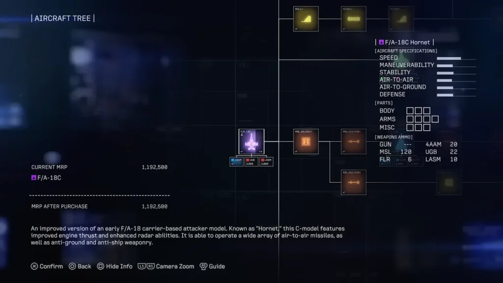 Ace Combat 8 Aircraft Tree showing aircraft, weapons, upgrade parts and MRP costs