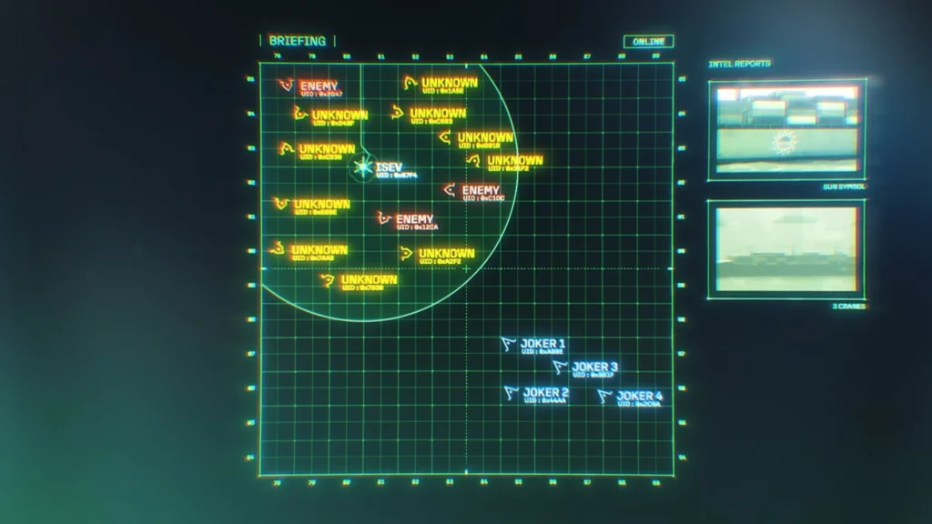 Ace Combat 8 Mission 16 briefing showing the sun symbol and three-crane ship clues
