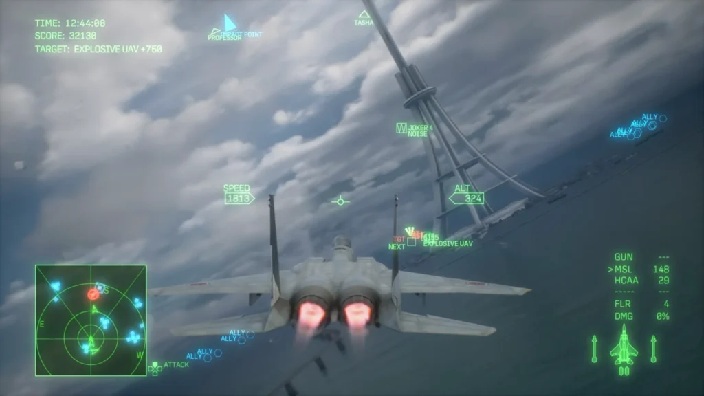 Ace Combat 8 Mission 16 gameplay chasing an Explosive UAV near the Space Elevator
