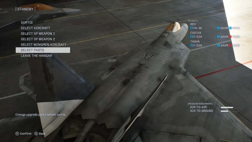 Ace Combat 8 standby hangar showing FA-36, F-22A wingmen and aircraft loadout options before sortie