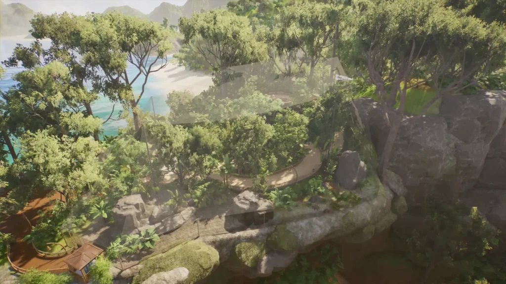 Aerial view of a large tropical Planet Zoo 2 aviary with dense trees and winding pathways