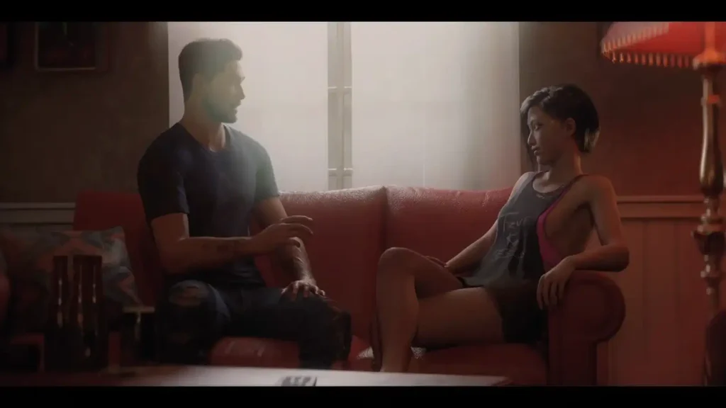 Aidan and Sunny talking on the couch