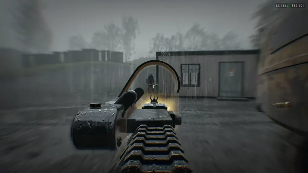 Aiming down weapon sights at an enemy during a rainy firefight in WARDOGS Season 2