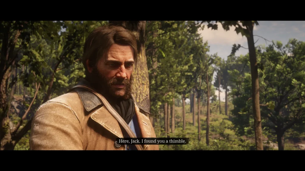 Arthur Morgan giving Jack Marston a replacement thimble at camp