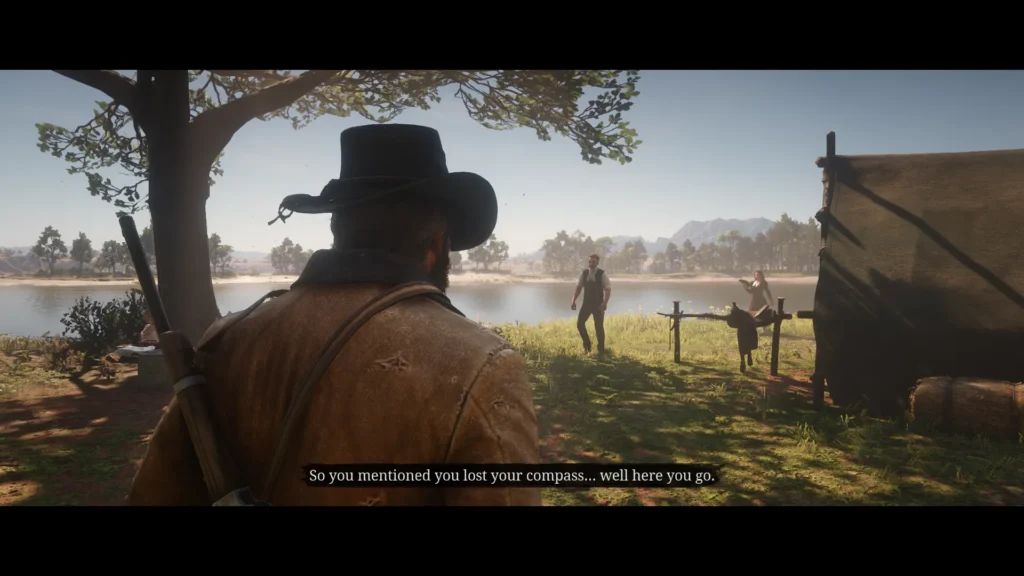 Arthur giving the Naval Compass to Pearson at camp in RDR2 after completing his item request