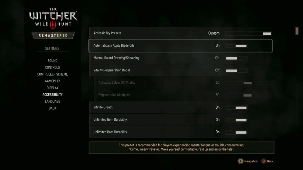 Automatically Apply Blade Oils setting in The Witcher 3 Remastered Accessibility menu