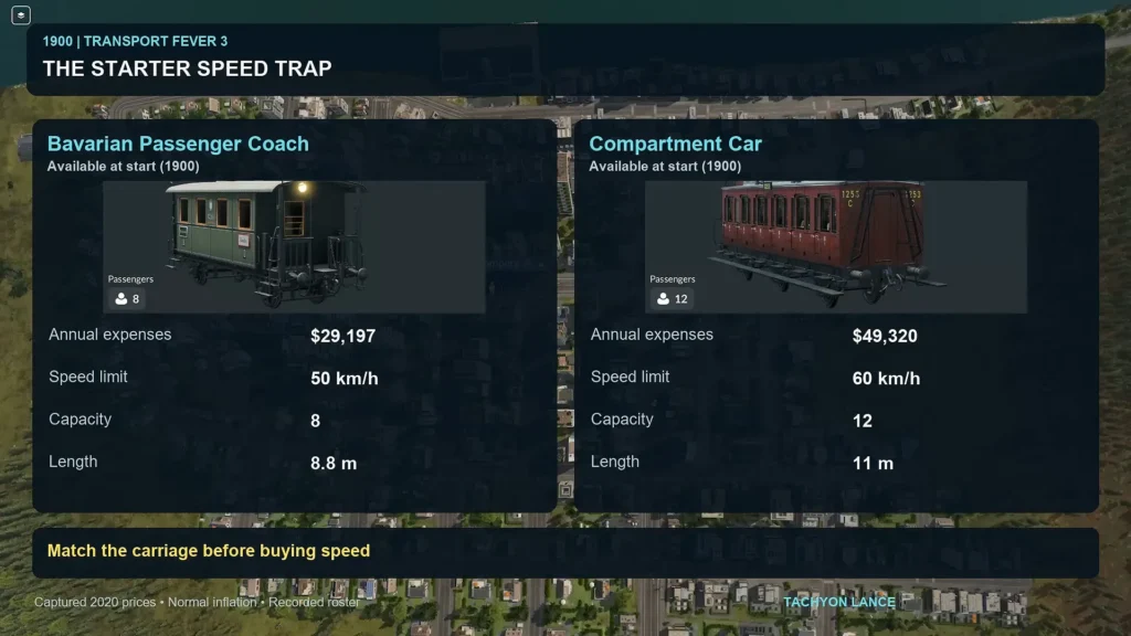 Bavarian passenger coach stats in Transport Fever 3 with a 50 km h speed limit