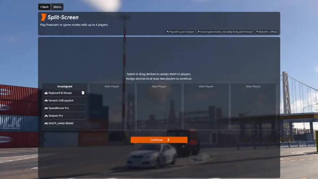 BeamNG split-screen setup menu for multiple players