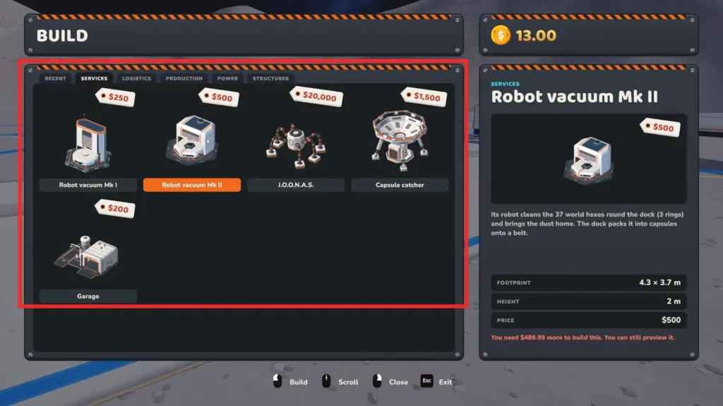Build section in Moon Sweepers