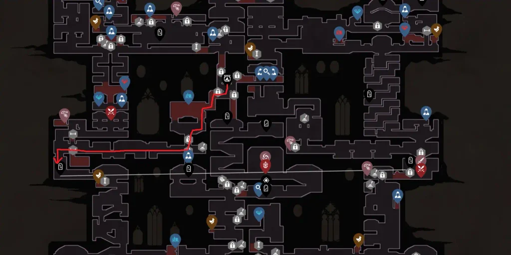 The map of Hall of Mirrors with a red arrow showing where to go to reach the puzzle