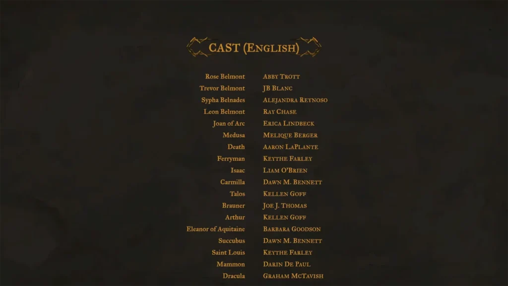 Castlevania Belmont's Curse in-game credits showing additional English voice actors and their characters