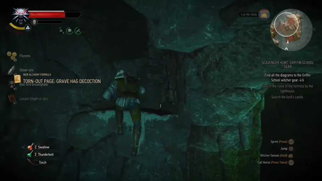 Geralt climbing up the ledges