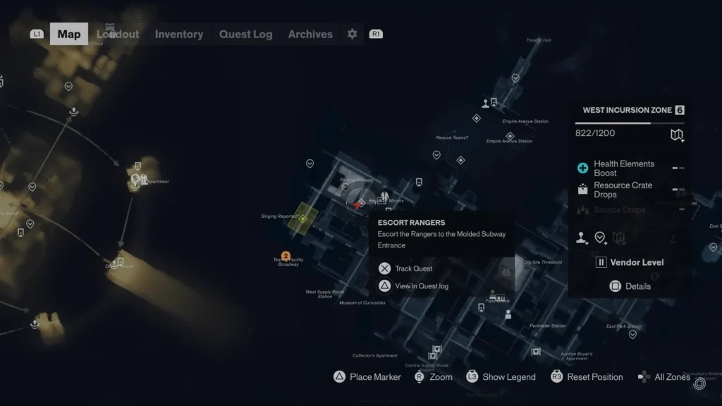 Control Resonant Escort Rangers Molded Subway Entrance location on the West Incursion Zone map