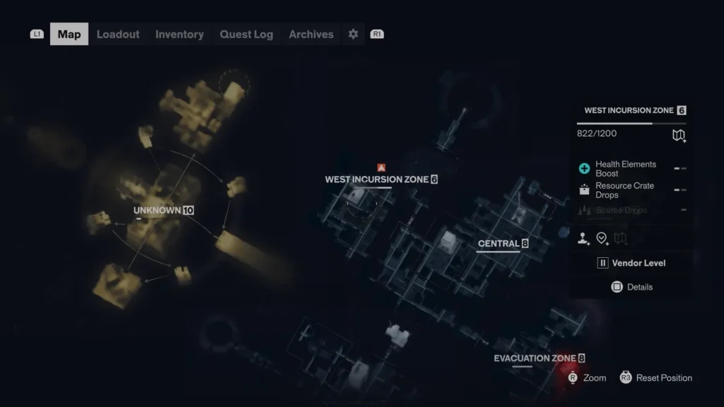 Control Resonant map showing the West Incursion Zone, Central, Evacuation Zone, and Unknown areas
