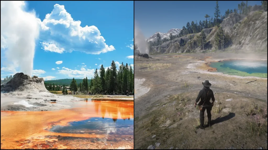 Cotorra Springs geysers in RDR2 compared with Yellowstone National Park hot springs
