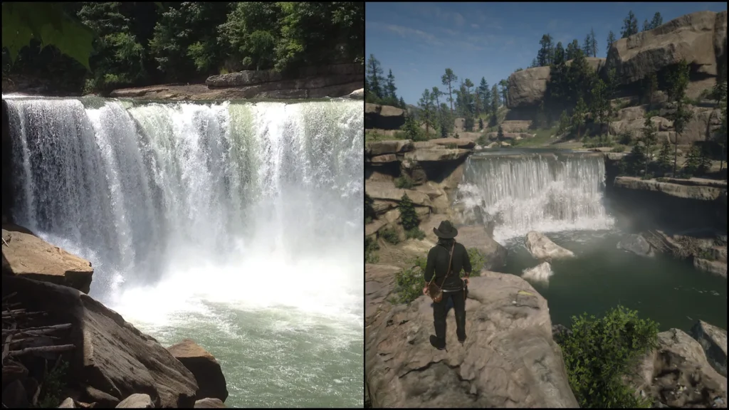 Cumberland Falls in Red Dead Redemption 2 compared with the real Cumberland Falls in Kentucky
