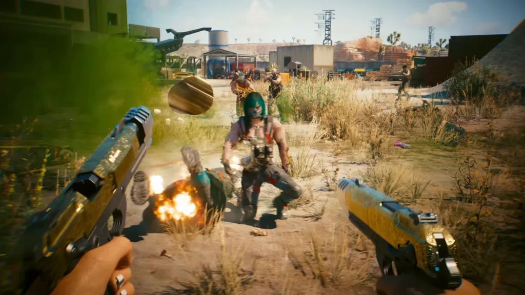 V aiming two golden pistols at enemies