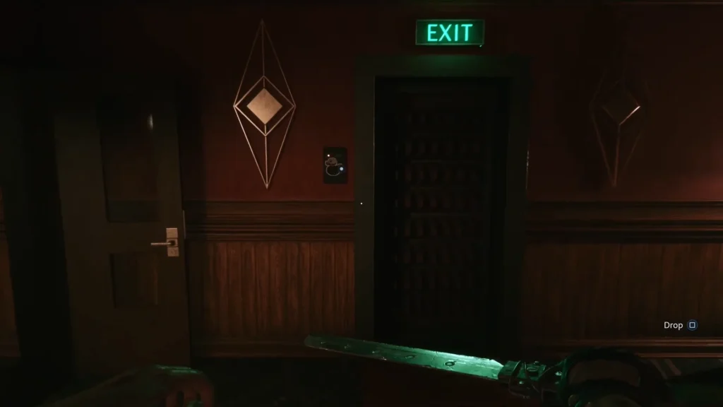 Duckie door with an exit sign in the Scarlet Church compound in Hellraiser Revival