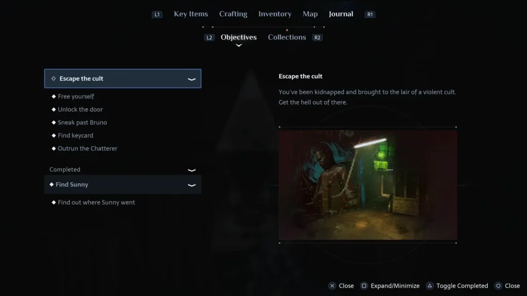 Escape the Cult objective journal showing the early missions in Hellraiser Revival