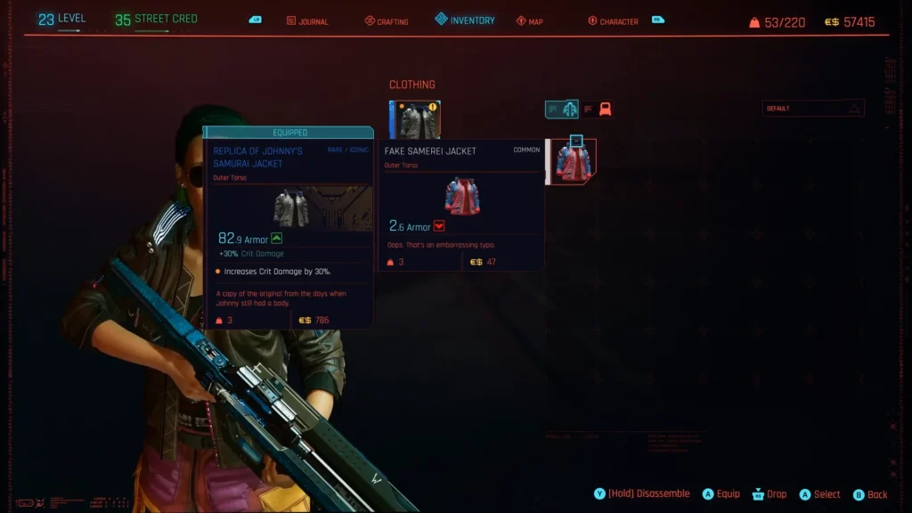 Fake Samerei Jacket from the Streetkid-exclusive quest compared with Johnny Silverhand's Samurai jacket in Cyberpunk 2077.
