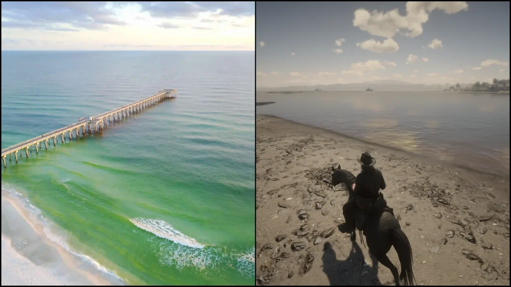 Flat Iron Lake in RDR2 compared with the Gulf of Mexico in real life