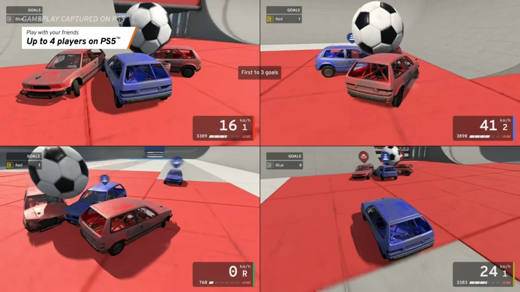 Four-player BeamNG split-screen Soccer mode