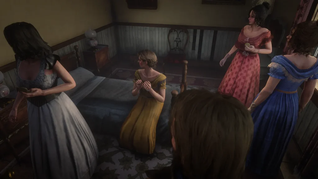 Four women inside the Rhodes Saloon back room in Red Dead Redemption 2