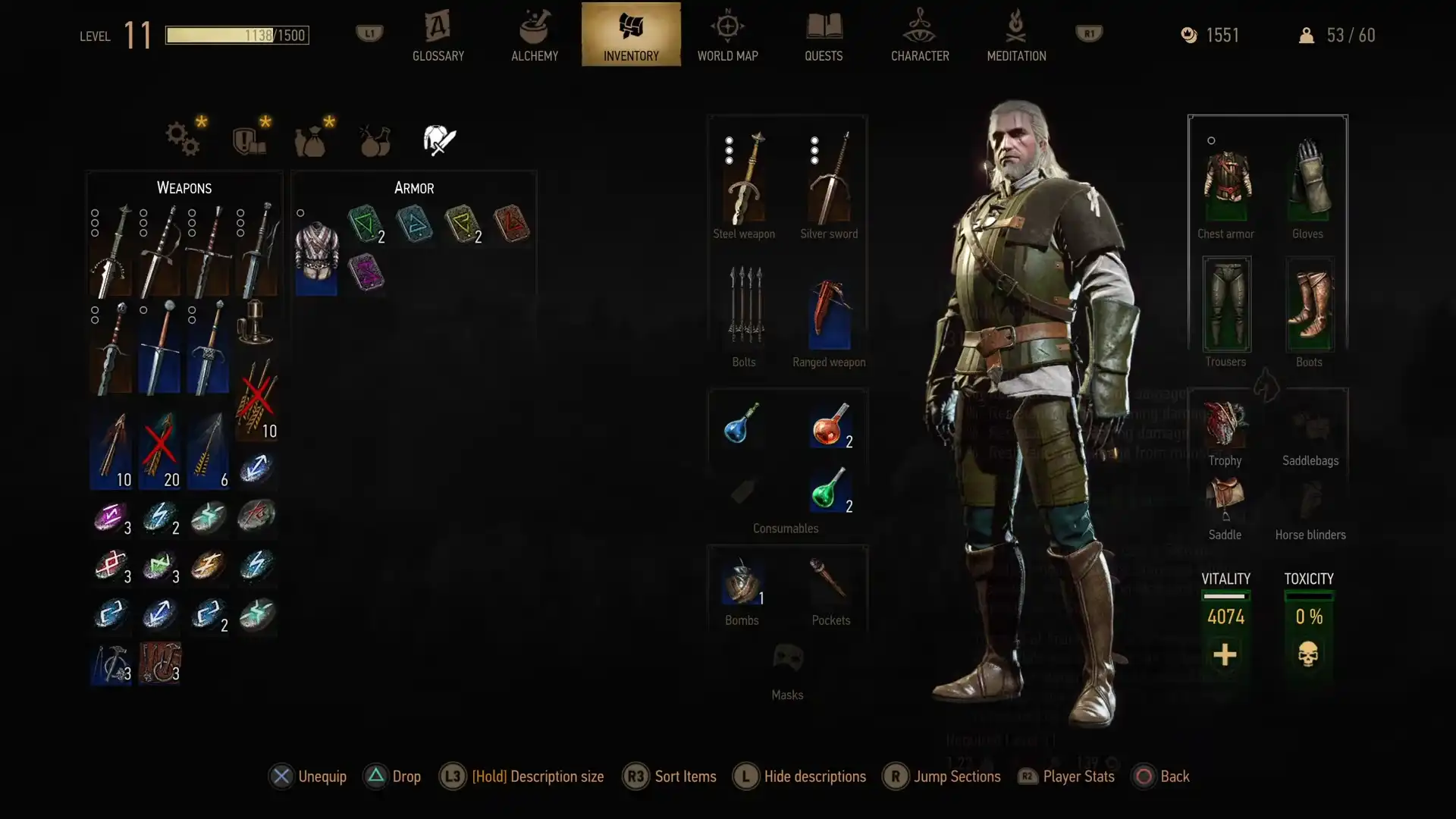 Geralt wearing the basic tier of the Griffin gear