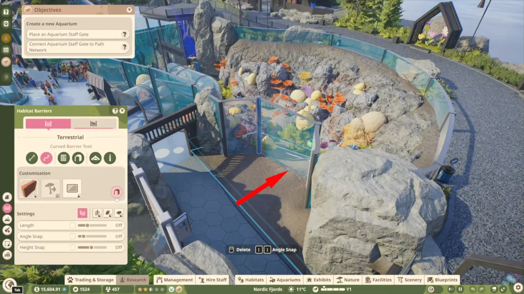 Planet Zoo 2 aquarium door bug Glass Removal arrow pointing at the Glass