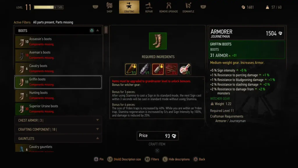 Griffin boots stats in the crafting menu