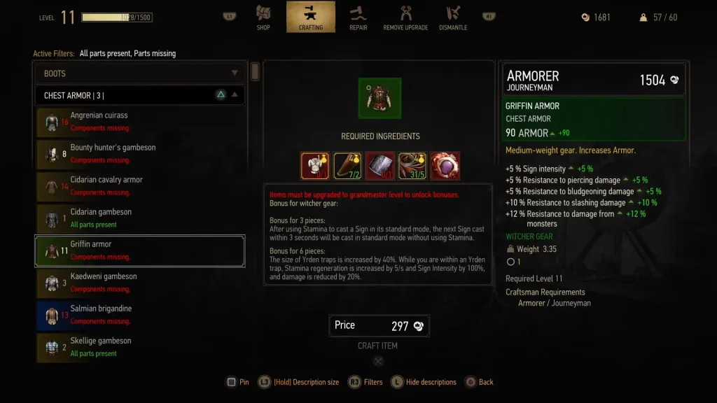 Griffin armor stats in the crafting menu