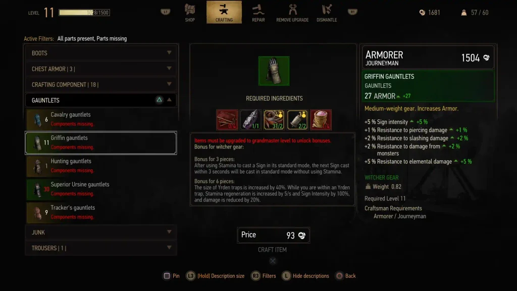Griffin gauntlets stats in the crafting menu