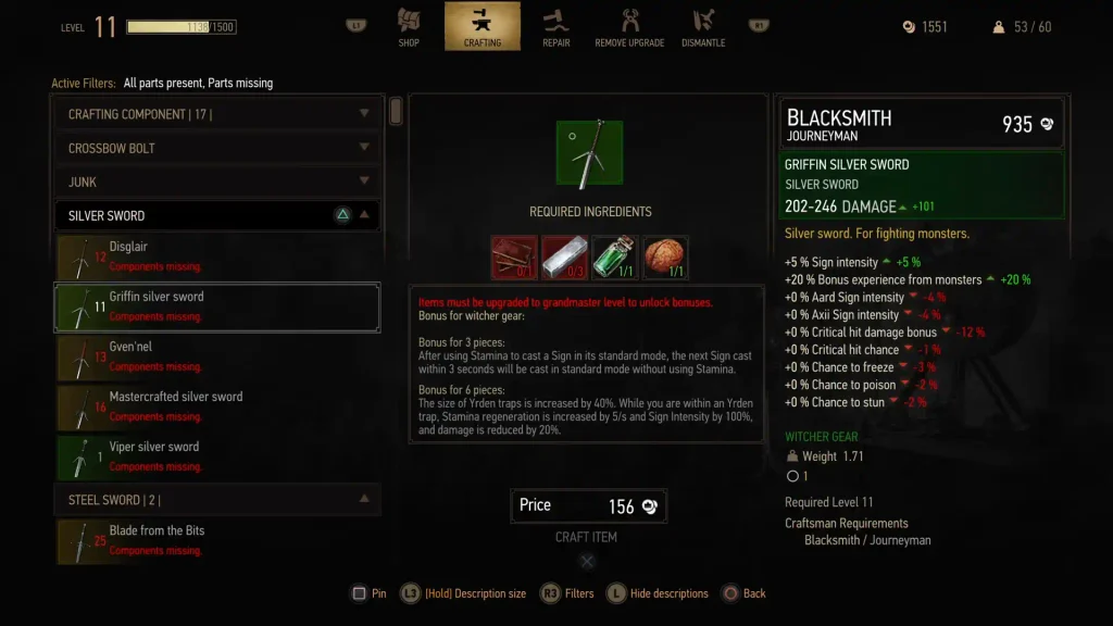 Griffin silver sword crafting stats in the crafting menu