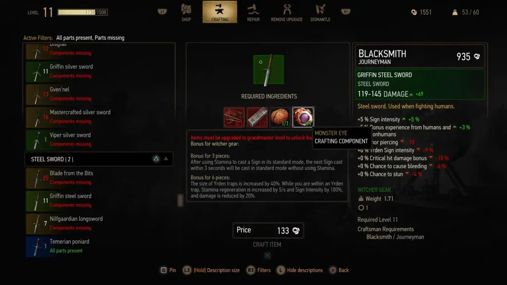 Griffin steel sword diagram stats in the crafting menu