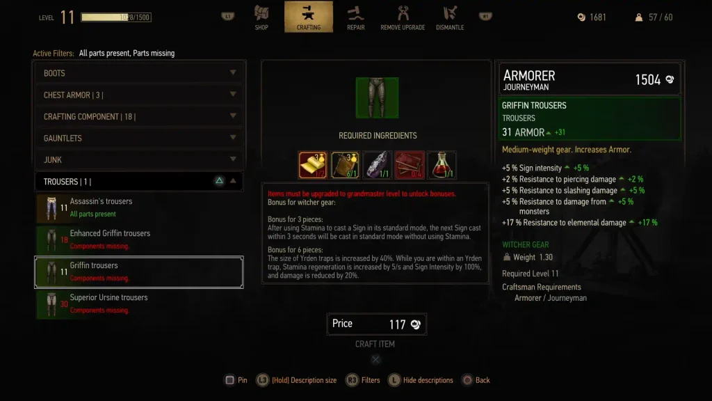 Griffin trousers stats in the crafting menu