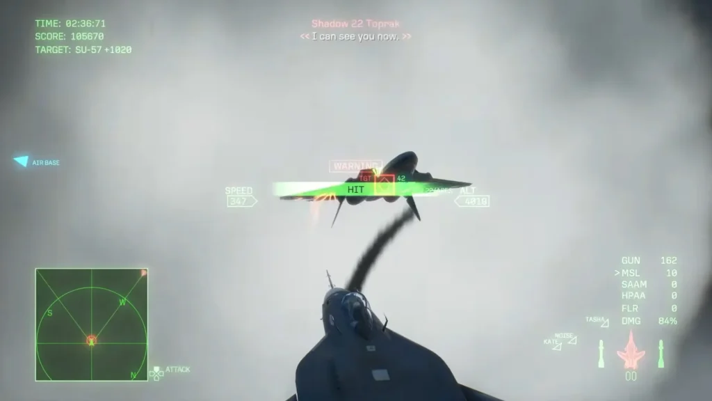 Gun hit on Shadow 22 during the Mission 28 fight in Ace Combat 8