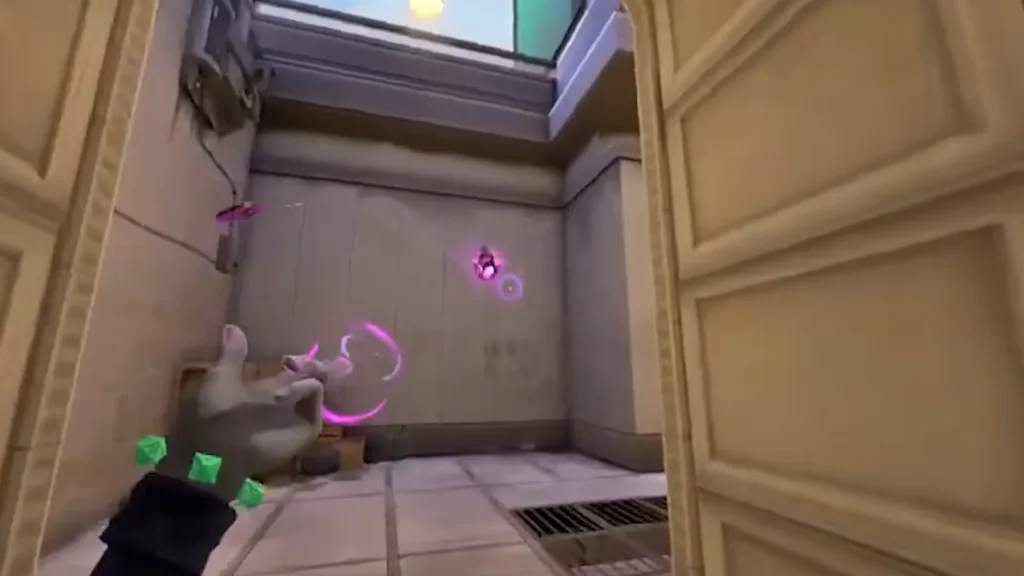 Hush launching her glowing purple Flashbulb projectile toward a wall in VALORANT