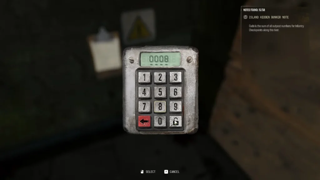 Island Hidden Bunker keypad displaying code 0008 alongside the Infantry Checkpoint puzzle clue