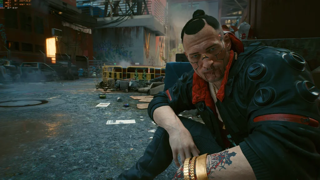 Jackie Welles talking to V after the failed car theft in the Cyberpunk 2077 Streetkid lifepath prologue.