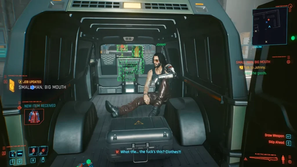 Johnny Silverhand sitting inside the van during the Small Man Big Mouth Streetkid quest in Cyberpunk 2077 1
