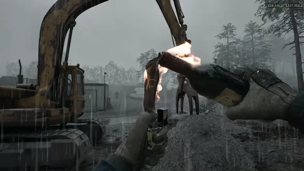 Lighting a Molotov Cocktail beside an excavator in the rain during WARDOGS Season 2 gameplay