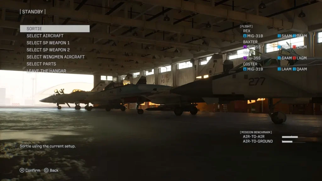 MiG 31B loadout with SAAM and QAAM on the Standby screen before Ace Combat 8 Mission 15