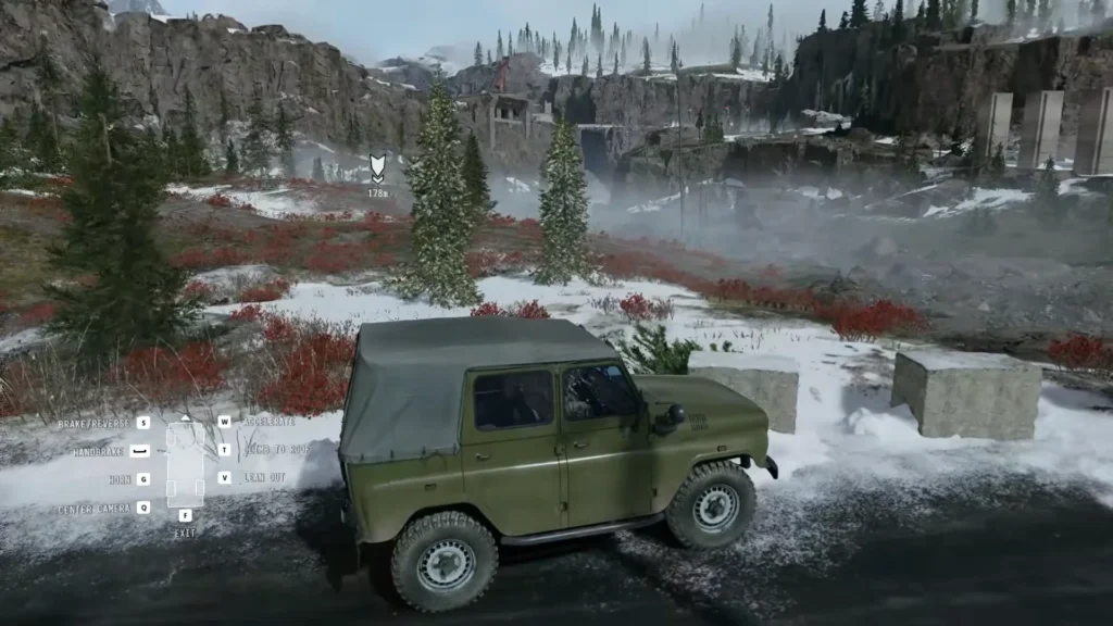 Military jeep parked near the snowy river valley in the MW4 Stranded mission