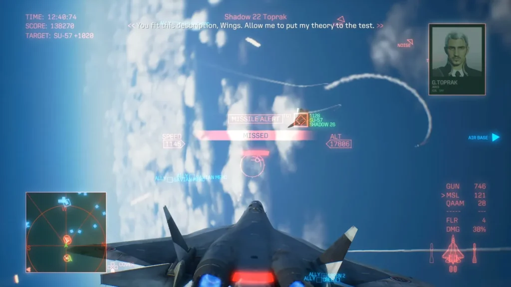 Missile missing a Shadow Su 57 in the Mission 28 fight in Ace Combat 8